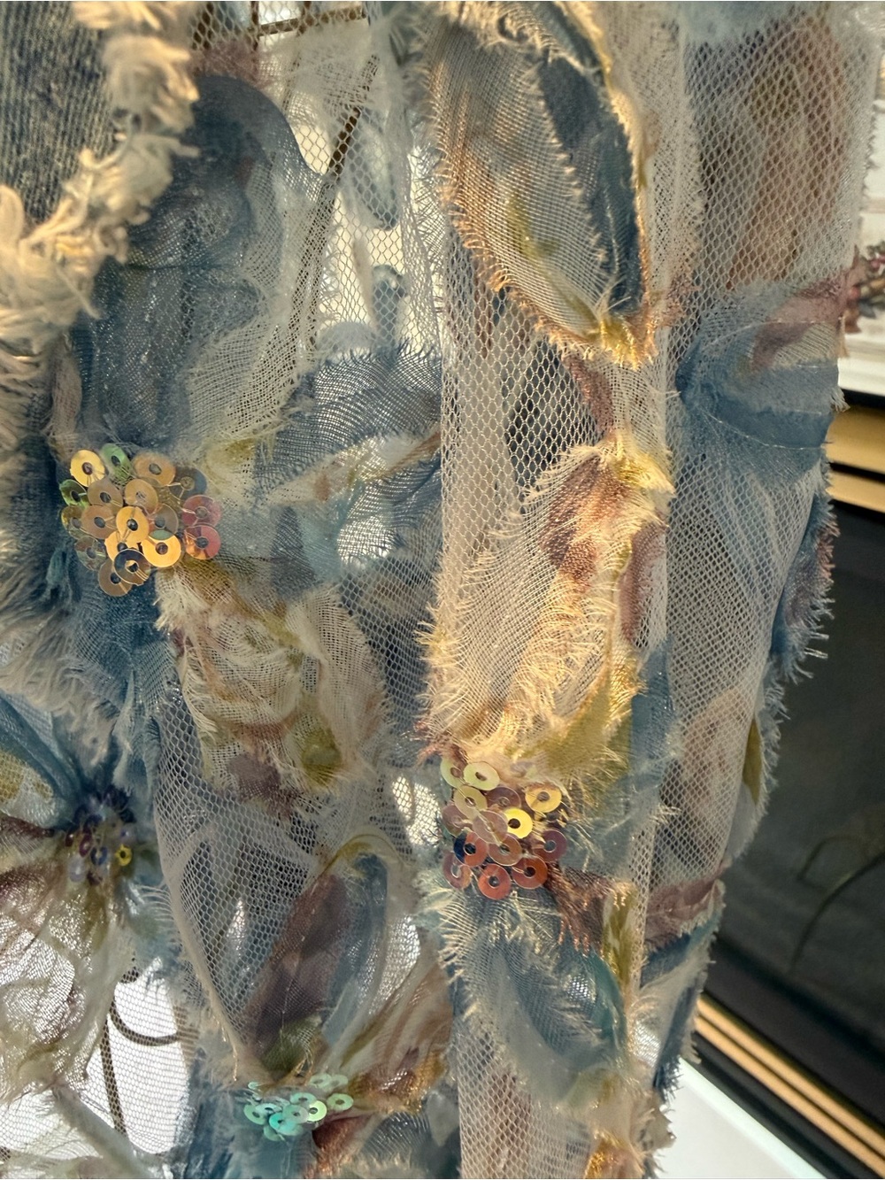 Revert NEW Light Blue Denim Jacket with Sheer Floral Embroidered Sleeves SEQUINS - Picture 3 of 16